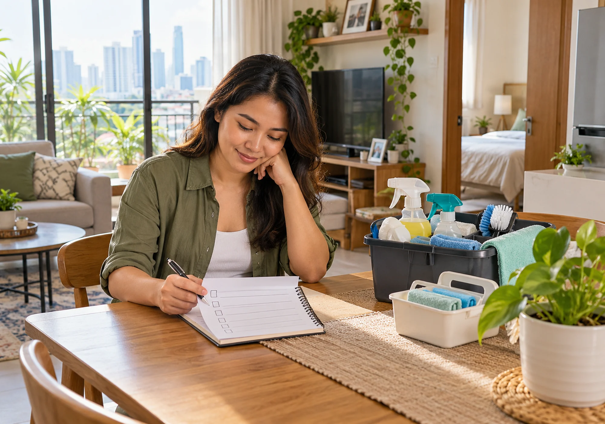 Homeowner reviewing a cleaning checklist beside supplies in a bright Philippine condo
