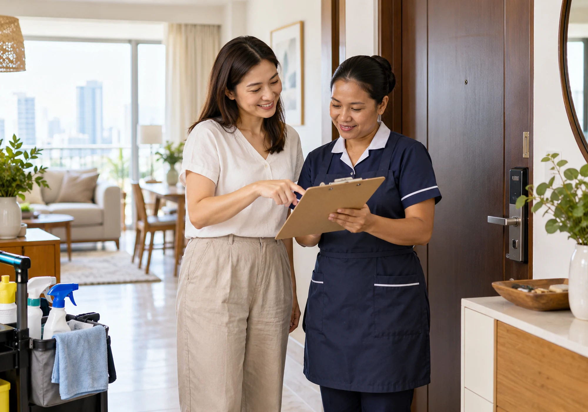 Homeowner and house helper reviewing a task list at an apartment entrance