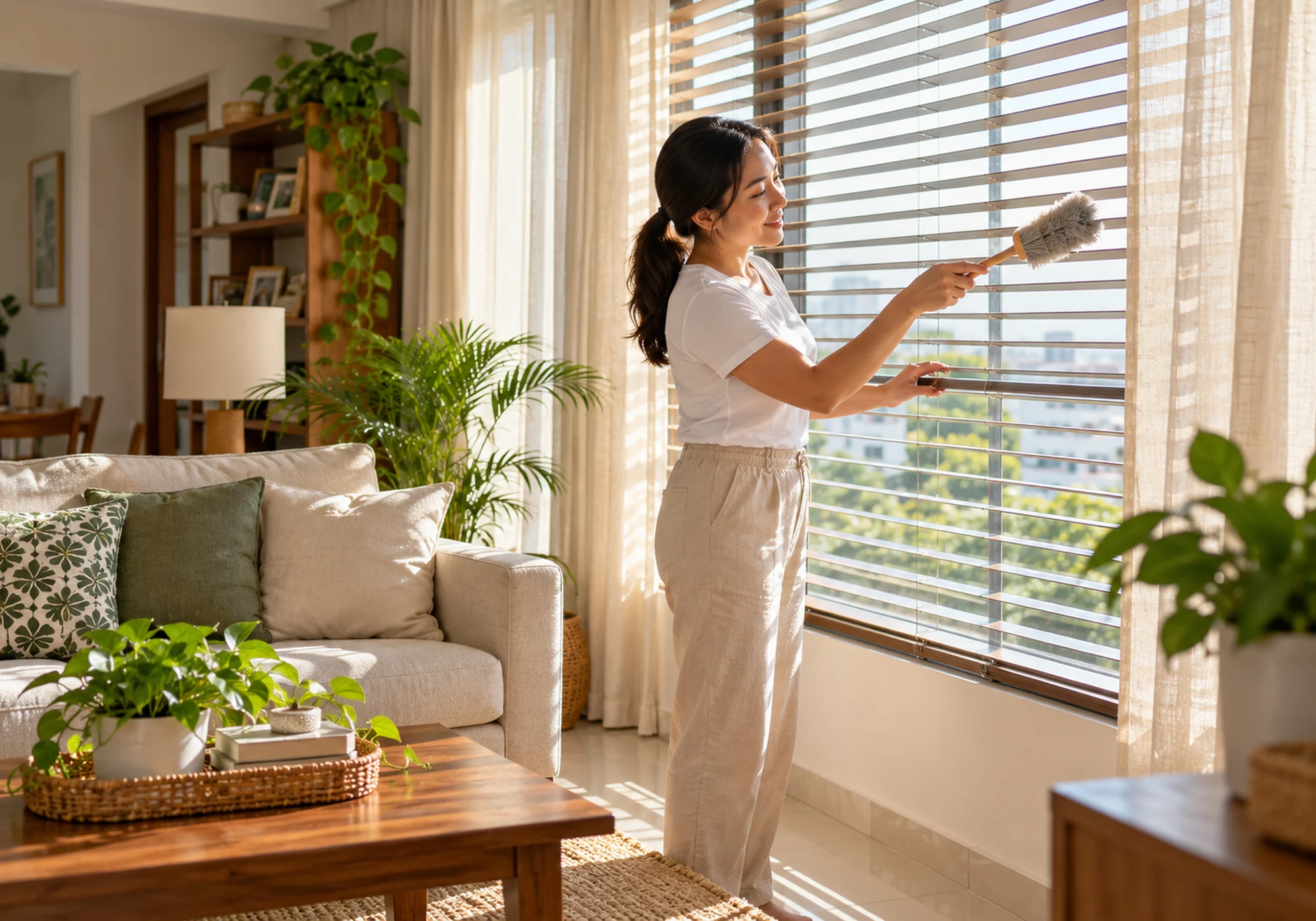 Homeowner dusting horizontal blinds beside curtains in a sunny living room