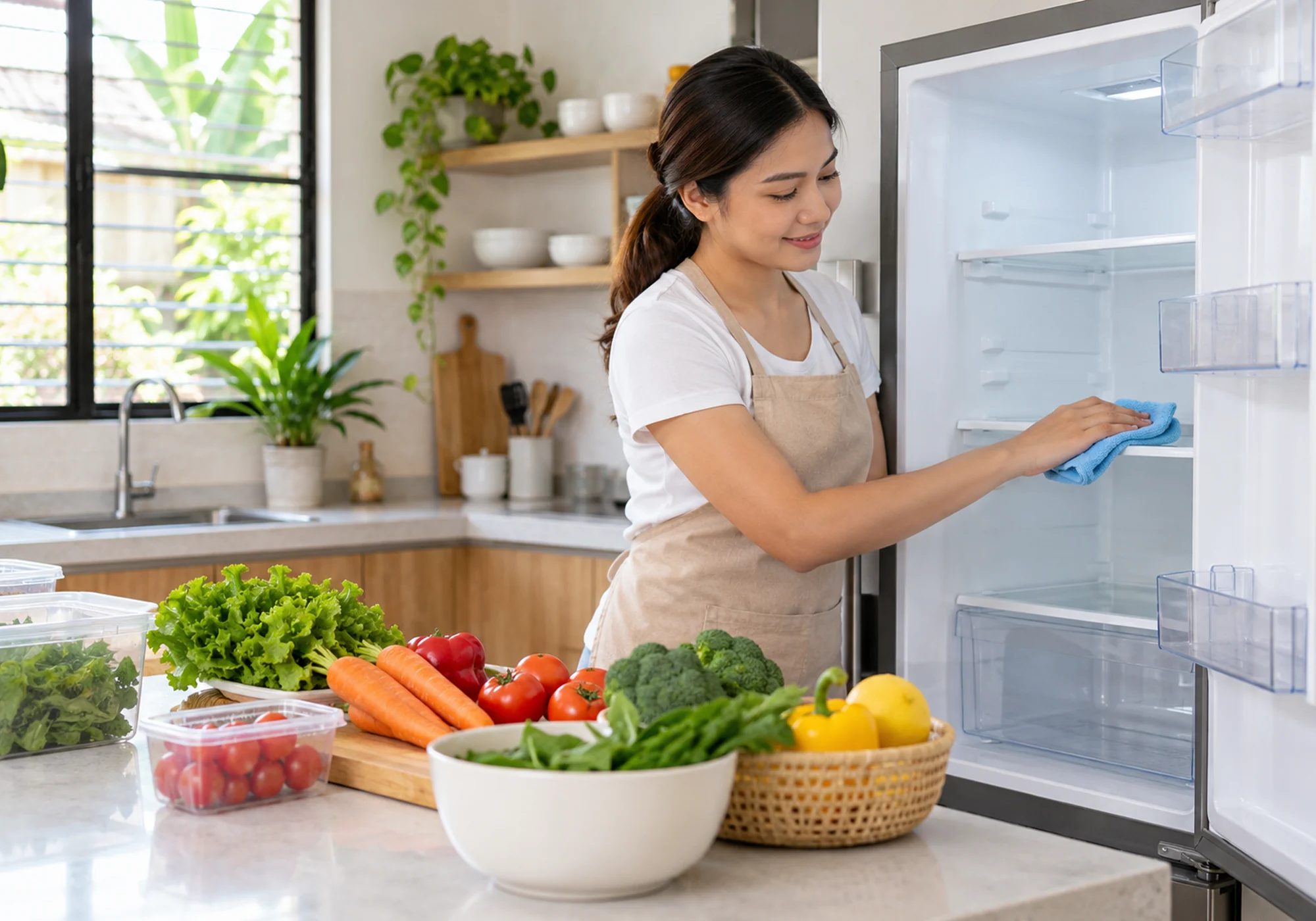Homeowner wiping a refrigerator shelf in a bright kitchen