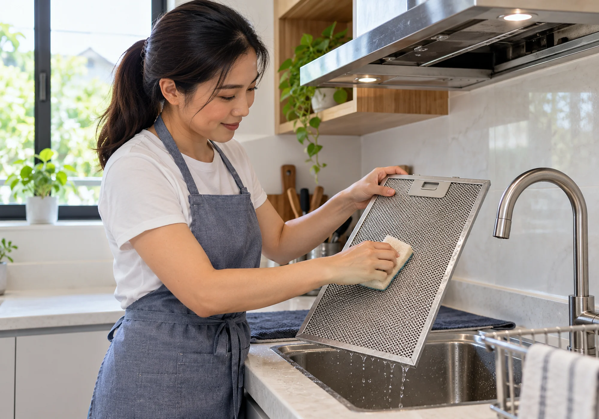 Homeowner cleaning a metal range hood filter over a kitchen sink