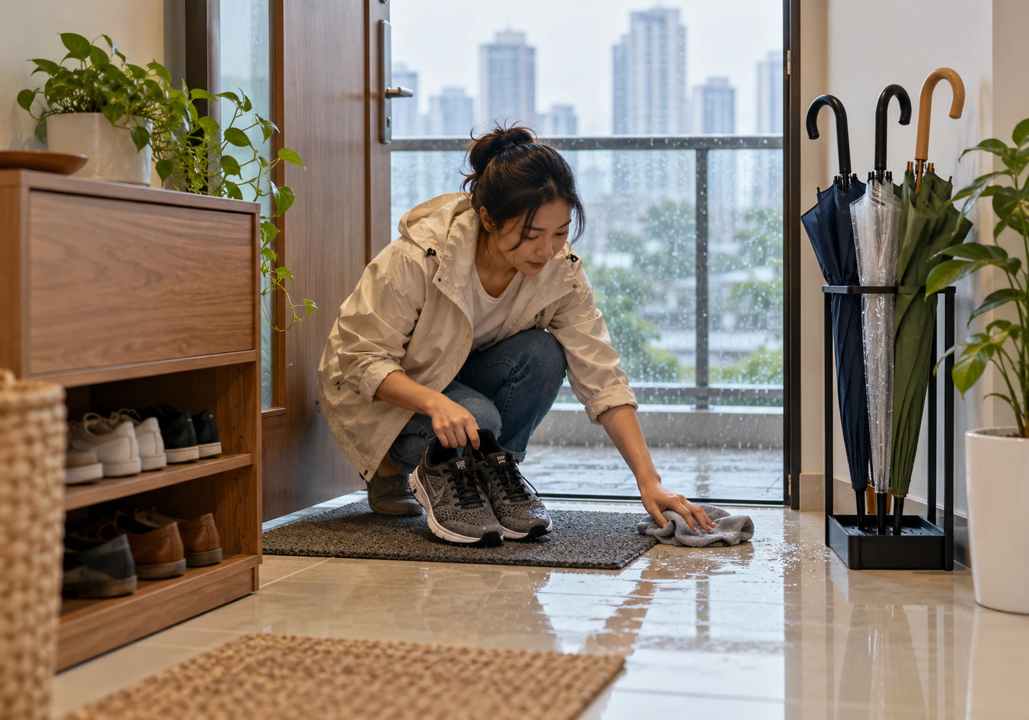 Resident wiping rainwater near a condo entryway beside umbrellas