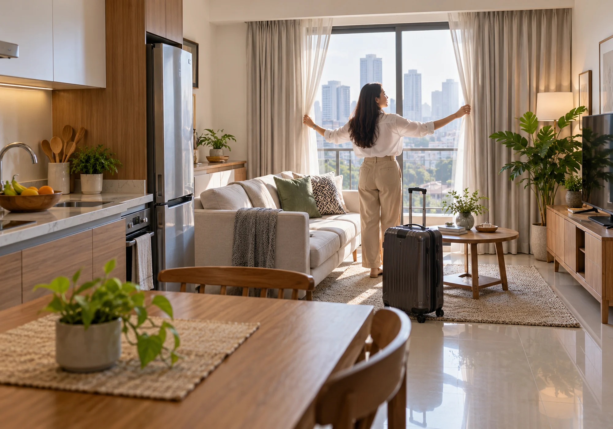 Traveler opening curtains after returning to a bright apartment