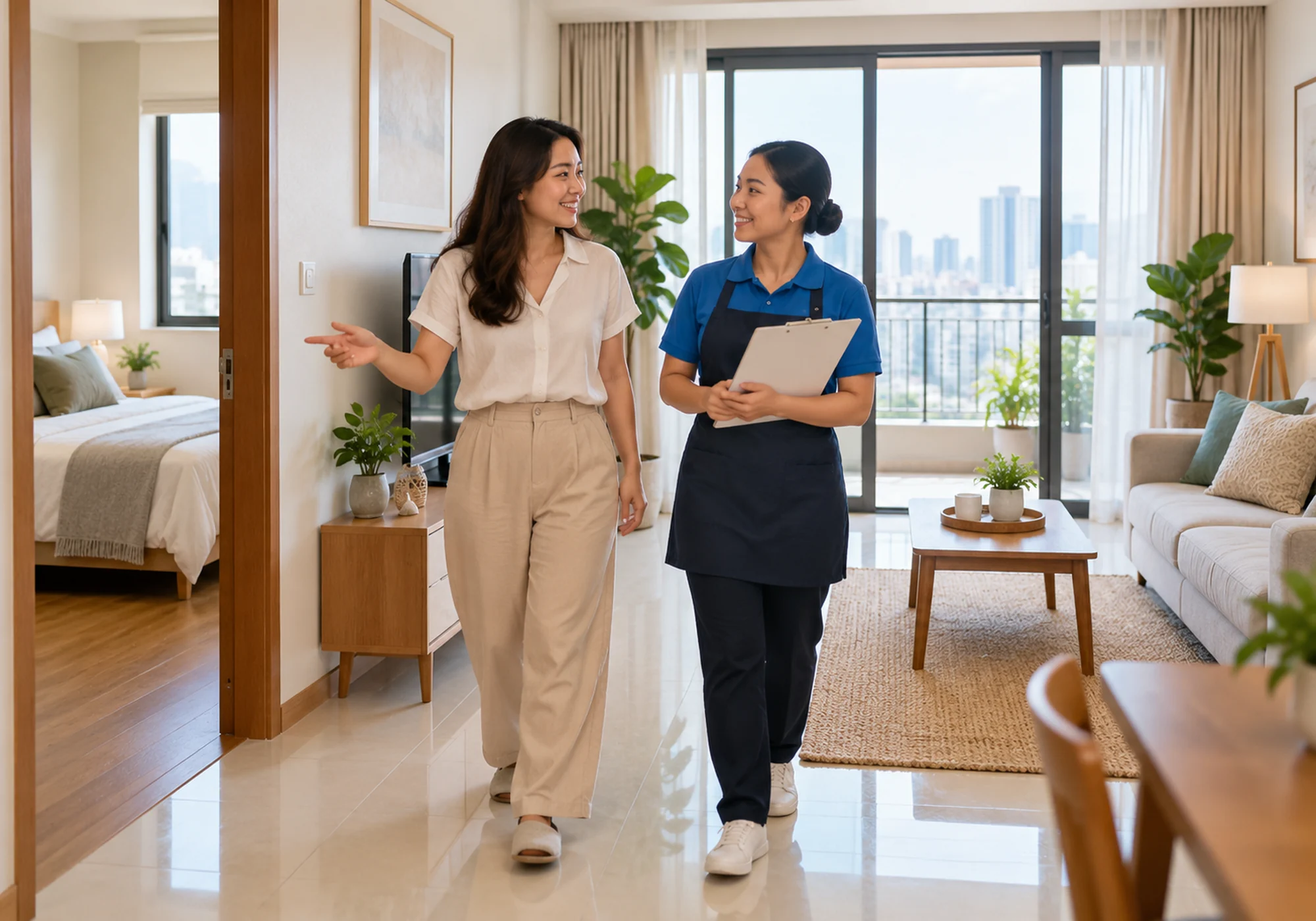 Homeowner and cleaner reviewing a room-by-room cleaning scope