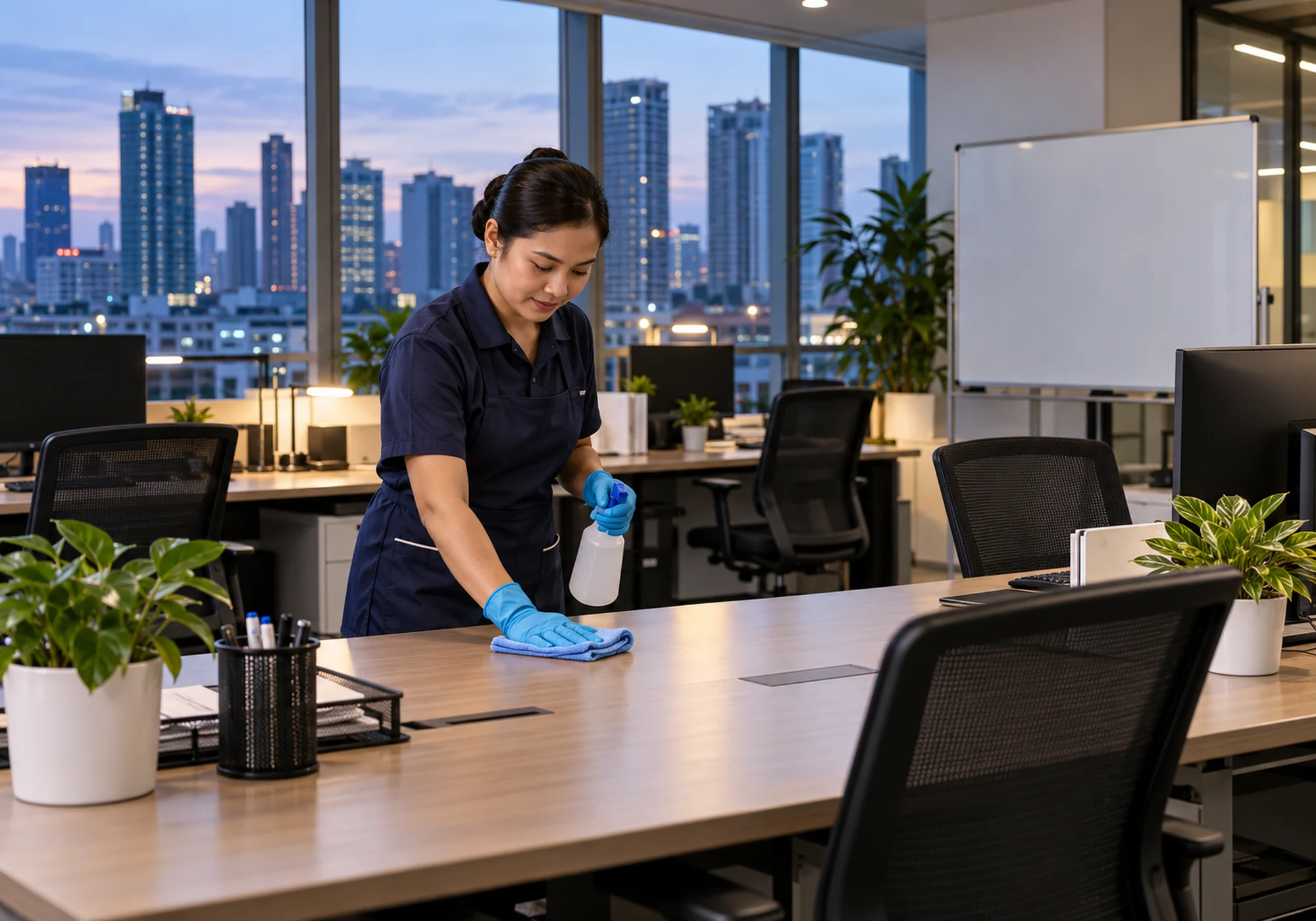 Cleaner wiping a desk in an empty modern office after hours