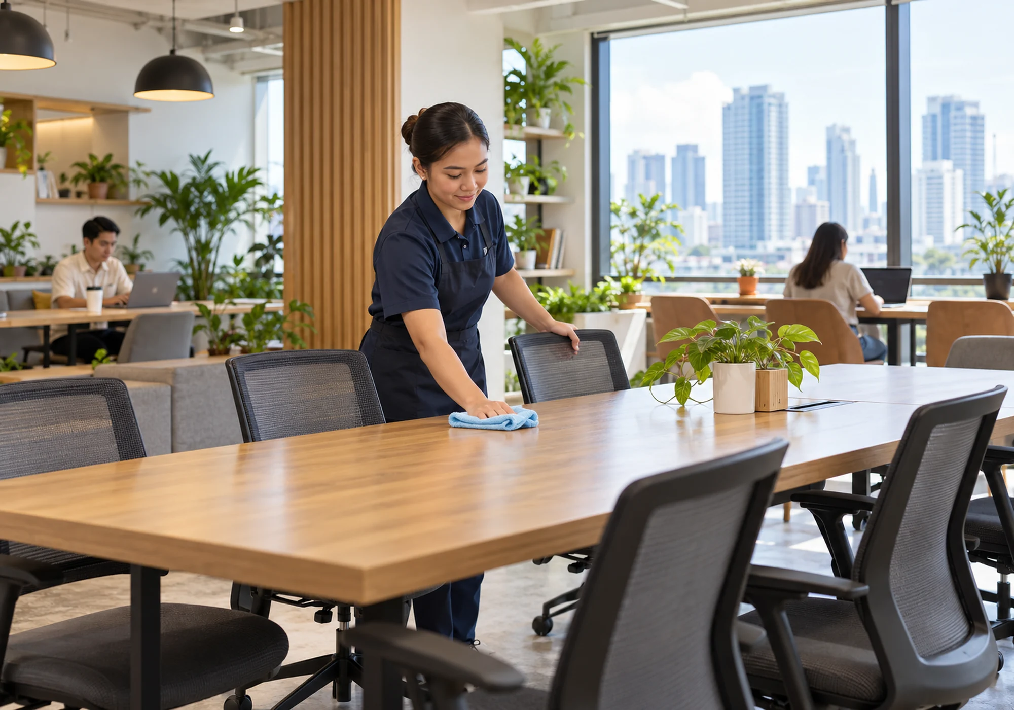 Cleaner refreshing a shared desk in a bright coworking space