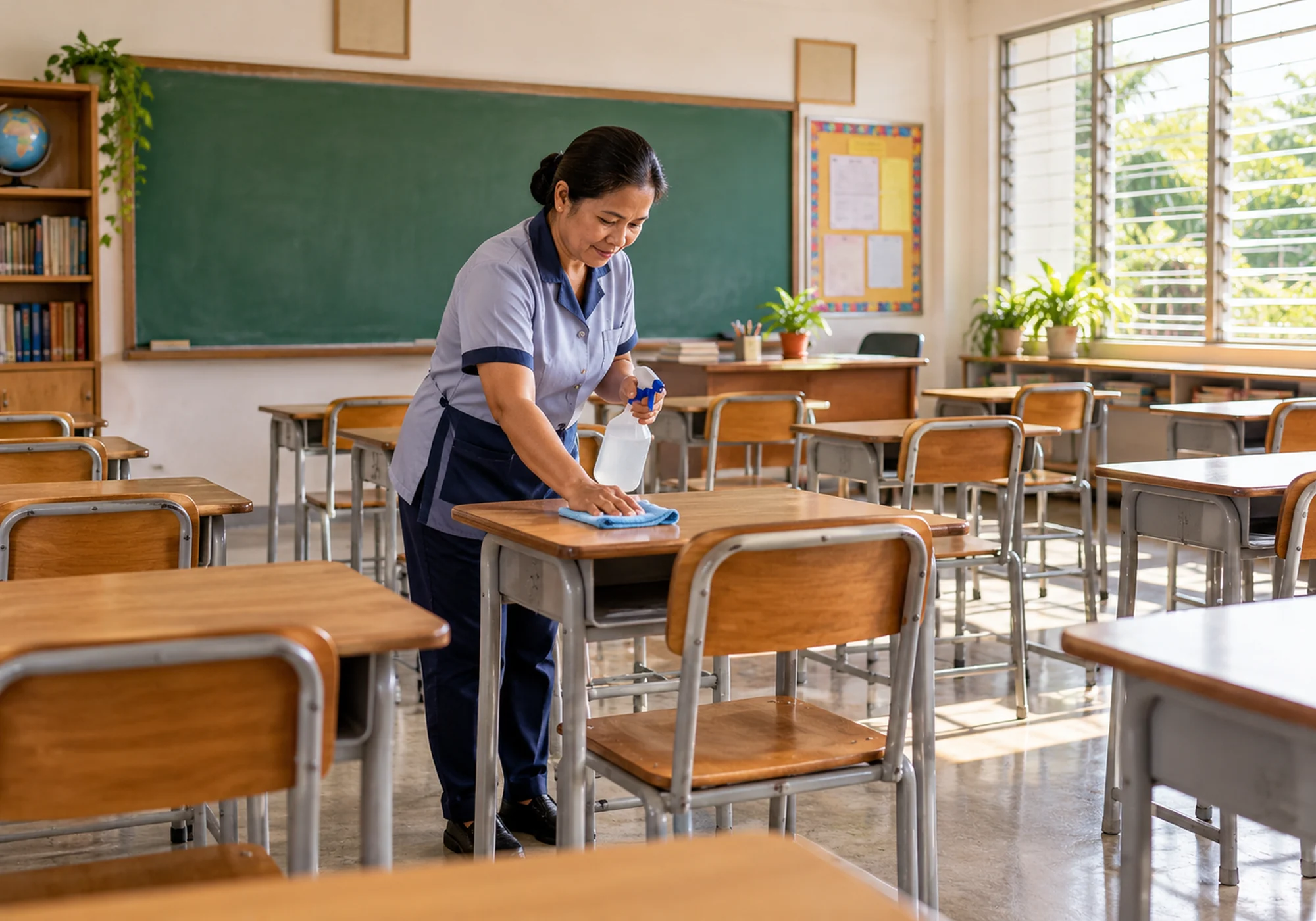 Custodian wiping a desk in an empty classroom