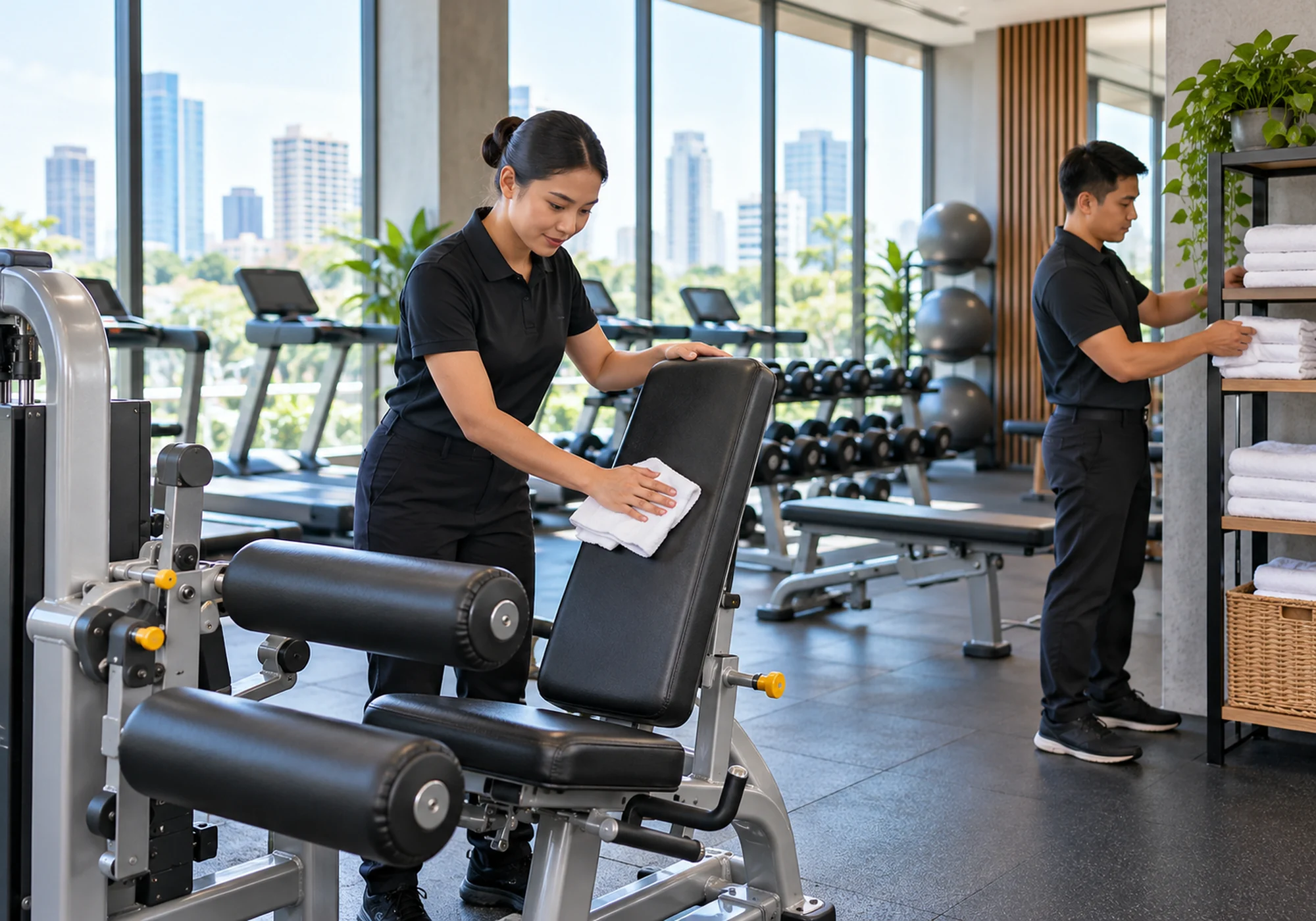 Gym staff wiping a shared exercise machine