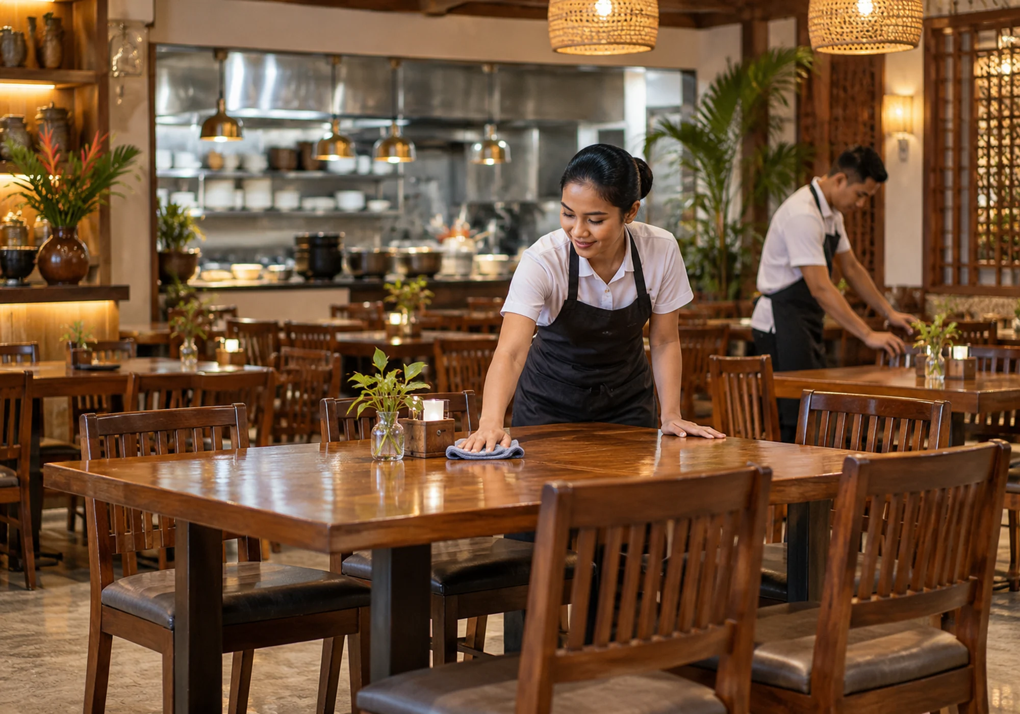 Restaurant staff wiping dining tables after closing