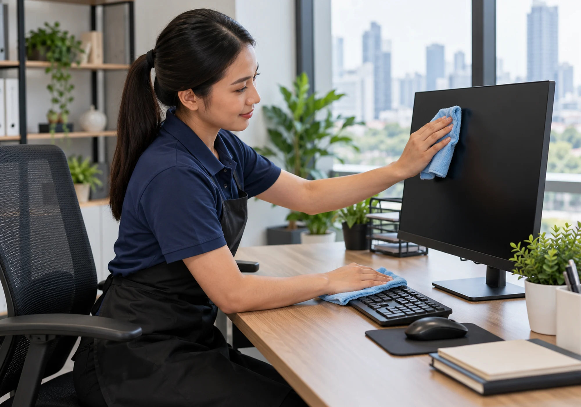 Office cleaner wiping a monitor and keyboard with a microfiber cloth