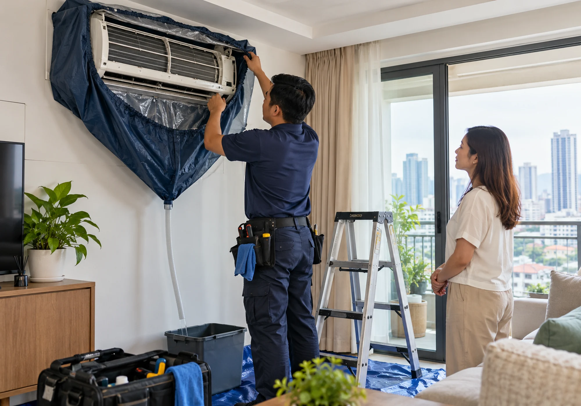 Aircon technician preparing a split-type unit for condo service