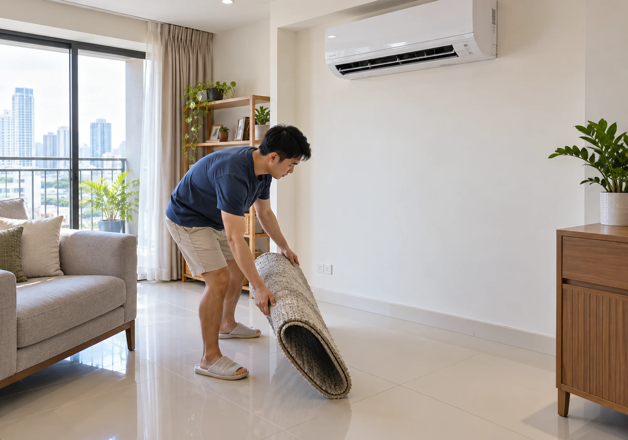 Homeowner clearing furniture beneath a wall-mounted air conditioner before service