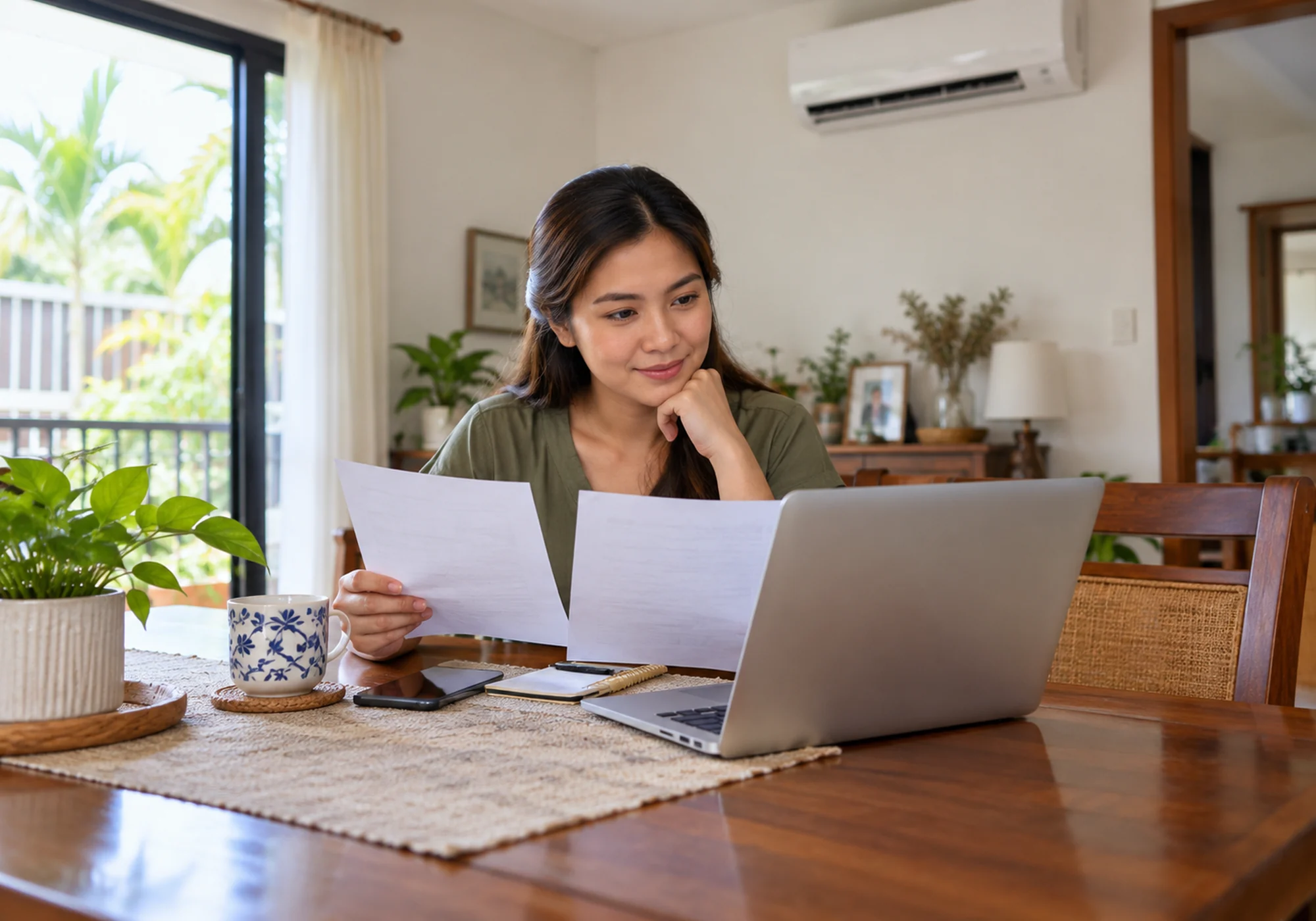 Homeowner comparing service quotes on a laptop beside a split air conditioner